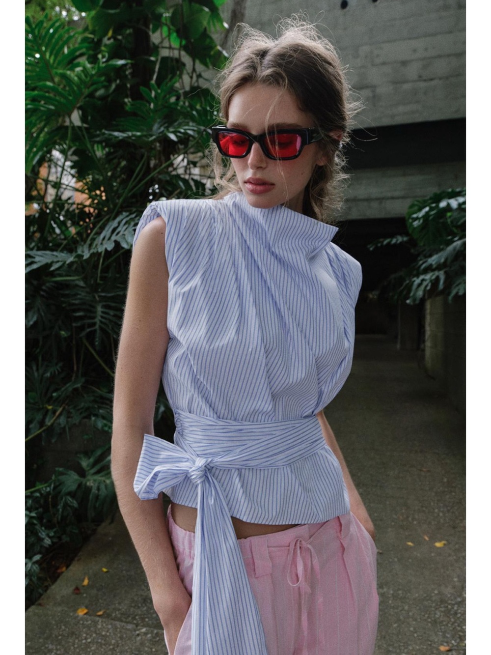 Zara Stripe Shoulder Pads Sleeveless Blue Metallic Thread Top